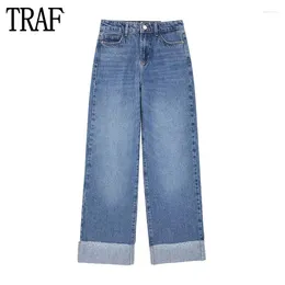 Women's Jeans 2024 High Waist For Women Straight Leg Denim Pants Woman Blue Fade Basic Streetwear Turn Up Hem Trousers
