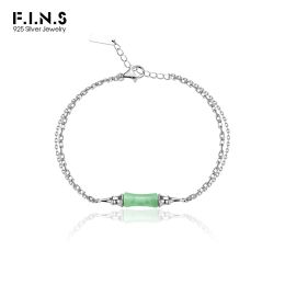 Strands F.I.N.S Original New Chinese Green Bamboo Aventurine Jade Bracelet S925 Sterling Silver Double Chain Wrist Fine Jewellery Gifts