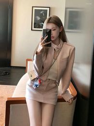 Work Dresses Fashion Sweet Stand Collar Coat Skirt Two-piece Set Women Temperament Pearl Pink Spicy Girl Korean Gentle Solid Slim Spring