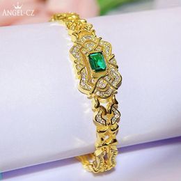Link Bracelets ANGELCZ Super Luxury Golden Bracelet Bangle Pave Setting Cubic Zircon Green Stone Wrist Jewellery For Bridal Wedding