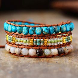 ブレスレットエキサイトマルチストランドレザーラップブレスレット天然石ビーズブレスレットBijoux Bohemian Seeds Jewelry A ++++++