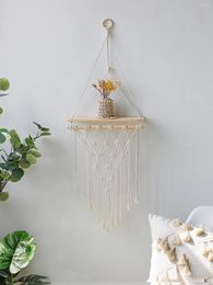 Decorative Plates 1 Pc Hand Woven Wooden Wall Hanging With Tassels Macrame Plant Flower Pot Tray Storage Rack Display Shelf Home Decoration