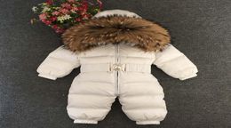 Fashion Baby Jumpsuits Boys Girls Winter Overalls Baby Rompers Duck Down Jumpsuit Hooded Real Fur Collar Children Outerwear Kids S3941421