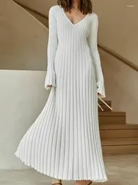 Casual Dresses Women Knitted Long Spring Autumn Elegant V-neck Pleated A-line Dress Ladies Fashion High Waist Ribbed Maxi