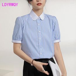 Women's Blouses Blue Short Sleeved Vertical Striped Shirt Summer Bubble Sleeves Fashionable French Style Retro Buttons