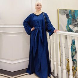 Ethnic Clothing 3 Piece Matching Set Eid Ramadan Women Turkey Muslim Dubai Kimono Open Abaya Maxi Dress Wrap Skirt Islamic Jalabiya Caftan