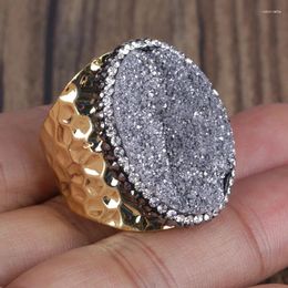 Cluster Rings Big Oval Rough Silver Color Druzy Drusy Stone Pave Rhinestone Bead Charm Adjustable Open Hammered Gold Ring Cuff For Woman Man