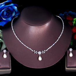 Necklaces ThreeGraces Shining Cubic Zirconia Silver Color Simulated Pearl Earrings Necklace Fashion Flower CZ Jewelry Set for Women TZ839