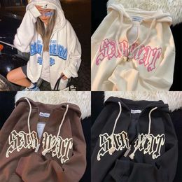 Hoodies Women's Sweatshirts Goth Letter Printed Hoodie Women Haruku Retro Long Sleeve Zip Up Sweatshirt Female Hip Hop Loose Hooded Clothes Y2K Streetwear