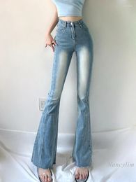 Women's Jeans Girl Light Blue Spring Autumn Women Retro Vintage Washed Flared High Waist Slimming Hip Trousers Denim Pants
