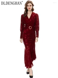 Casual Dresses DLDENGHAN Spring Jacquard Mesh Dress Women V-Neck Lantern Sleeve Folds Elegant Party Fashion Designer