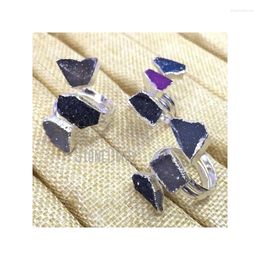Cluster Rings RM325 Natural Agates Druzy Layers Silver Plated Irregular Shape Boho Bohemian Ring On Sale Adjustable Jewelry For Women