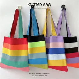 rainbow Striped Handbag New Ctrast Colour Korean Style Eco Friendly Shopper Tote Handwoven Knit Shoulder Bag Q1ZY#