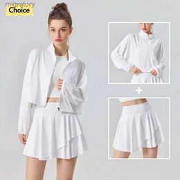Women's Tracksuits Sulfet womens pleated skirt sleeve jacket sun protection tennis outdoor outdoor training 2-piece set yq240422