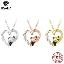 Necklaces BISAER Authentic 925 Sterling Silver Panda Baby Pendant Necklace 3 Colours Adjustable Box Chain For Women Party Fine Jewellery Gift