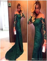 Dark Green Lace Applique Long Sleeves Mermaid Evening Dresses 2016 Sheer Off Shoulder Slim Fitted Prom Dresses Formal Evening Gown4270116