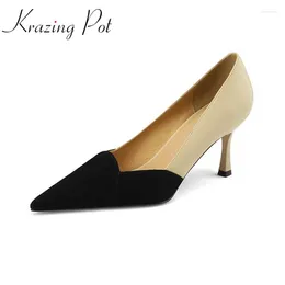 Dress Shoes Krazing Pot Sheep Leather Stiletto Thin High Heels Pointed Toe Gorgeous European Designer Mixed Color Women Summer Wedding Pumps