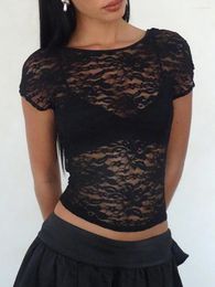 Women's T Shirts Women E-Girls Lace Short Sleeve Y2K Backless See Through Slim Fit Crop Tops Vintage 90S Blouses Streetwear