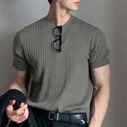 Spring Summer Short Sleeve Knit Casual Tops Men Vintage Ribbed Solid Color Slim T Shirt For Mens O Neck Stretch Tshirts 240409