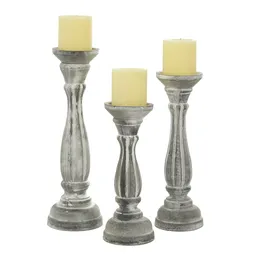 Candle Holders Traditional Gray Carved Wood Holder With Whitewashed Finish Set Of 3 15" 13" 11"H