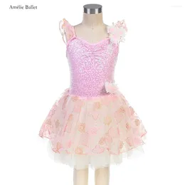 Stage Wear 16101 Design Off Shoulder Kids Pink Sequin Spandex Bodice Ballet Costume Tutu Girls Performance Dance