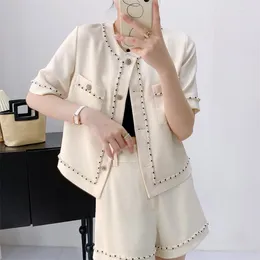Women's Tracksuits High Quality Beaded Small Fragrance Women Suit Short Sleeve Coat Shorts Fashion Loose Casual Summer French Two-piece Set
