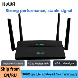 Routers KuWFi 300Mbps 4G Wireless Router With SIM Card Slot Modem Home Hotspot WiFi Router RJ45 WAN LAN Support 32 User 4 Antennas