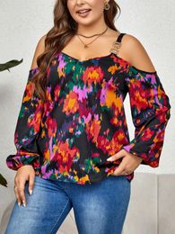 Plus Size Long Sleeve Women Top Shirt V Neck Cold Shoulder Fashion Graffiti Blouses Female Outstreet Autumn Fall Clothing 240419