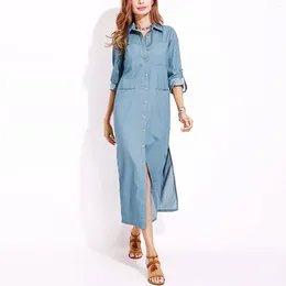 Casual Dresses Women's Fashion Buttons Down Denim Dress Elegant Turn Neck Long Shirt 2024 Blue Over Knee Streetwear