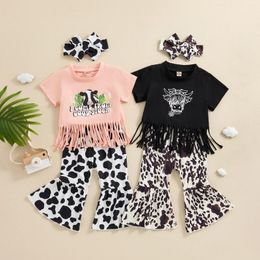 Clothing Sets FOCUSNORM 0-4Y Little Girl Summer Western Clothes Set Letter Print Short Sleeve Tassel Hem T Shirts Cow Flare Pant Headband