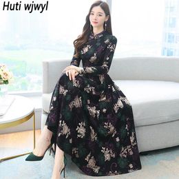 Casual Dresses Black Floral Chinese Style Cheongsam Women Dress Spring Autumn Long Sleeve Elegant Maxi 2024 Vintage Bodycon Party Vestido