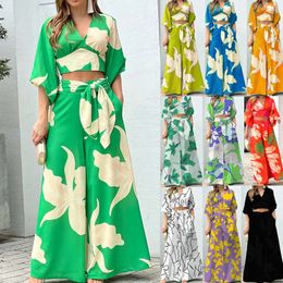 European and American Women's Autumn New Print Casual Set with V-neck Lantern Sleeves, Short Top, High Waist, Wide Leg Pants, Two-piece Set