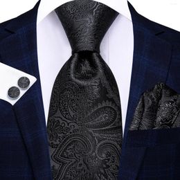 Bow Ties Hi-Tie Black Paisley Business Men Tie 8.5cm Jacquard Necktie Accessorie Daily Wear Cravat Wedding Party Hanky Cufflink Wholesale