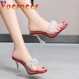 Slippers Voesnees Summer Women PVC Transparent Diamond Sandals Cup Heel 9cm Crystal Slides High-Heeled Shoes 2024 Fashion