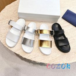 Slippers Summer Golden Metal Leather Belt Buckle Gear Platform Beach Real Peep Toe Flat Woman's Leisure