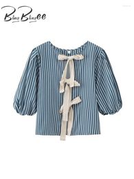 Women's Blouses BlingBlingee 2024 Summer Bow Tied Women Striped Print Shirt Puff Sleeve O Neck Hollow Out Casual Blouse Female Crop Top