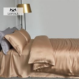 Lofuka Luxury Women Beauty 100% Silk Bedding Set Double Queen King Flat Sheet Fitted Sheet Pillowcase Quilt Cover For Deep Sleep 240416