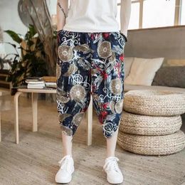 Men's Pants Men Casual Cropped Chinese Style Retro Print Trousers With Side Pockets Elastic Waist Drawstring For Summer