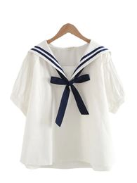 Merry Pretty Summer Women Cotton Top And Blouses Preppy Style Sailor Collar Loose Blue White Navy Blouse School Uniform Tops 240407