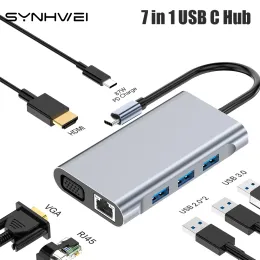 Hubs 7 in 1 USB C Hub TypeC Adapter For USB 3.0 HDMI4K 30HZ 87W PD Charge VGA RJ45 7 Port Docking Station for Macbook Accessories