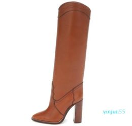 Embossed Women High Heel Boots Sewing Brand Designer Chunky Heel Shoes Microfiber Leather Long Boots Knee High Botas Mujer1379560