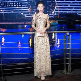 Casual Dresses Ofallsis O Neck Half Sleeve Annual Meeting Evening Dress 2024 Autumn Elegant Gentle Long Gold Host Banquet Style