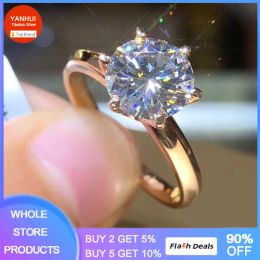 Bands YANHUI Fine Rose Gold Colour Tibetan Silver Ring Solitaire 2.0ct Cubic Zirconia Wedding Band Rings for Women Fashion Accessories