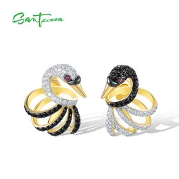 Earrings SANTUZZA Genuine 925 Sterling Silver Stud Earrings For Women Sparkling White Black Lovely Swan Elegant Gift Chic Fine Jewelry