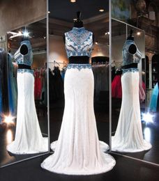 Ivory Two Piece Lace Prom Dresses High Neck Bling Turquoise Crystal Beaded Sweep Train Formal Evening Gowns New Arrival Fashion8454167