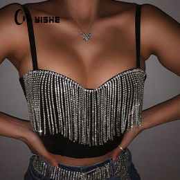 Trimmers Cnyishe Fashion Sexy Clubwear Diamond Tassel Crop Tops Sleeveless T Shirts Sexy Slim Lady Bralette Tops Strap Skinny Female Tee