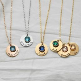 Necklaces 2024 New 12 Birthstone Engraving Name Necklace Customise Coin Pendant Name Tag Necklace For Women Party Jewellery Gifts