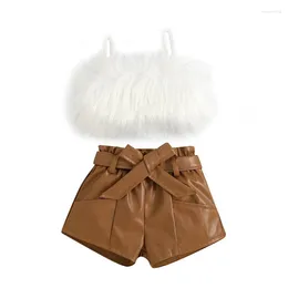 Clothing Sets Kid Clothes Girl Outfit Solid Colour Plush Sleeveless Crop Top Bow Leather Shorts 2 Piece Children Summer Suit