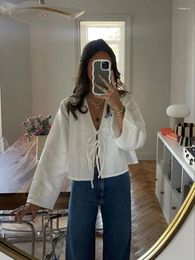 Women's Blouses Loose Lace Up Bow Shirt Women Elegant V Neck Long Flare Sleeve Lady Blouse 2024 Spring Summer Simple High Street Female Tops