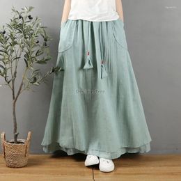 Ethnic Clothing 2024 Retro Double Cotton And Yarn Skirt Women's Summer Loose Casual Chinese Style Elastic Waist W337
